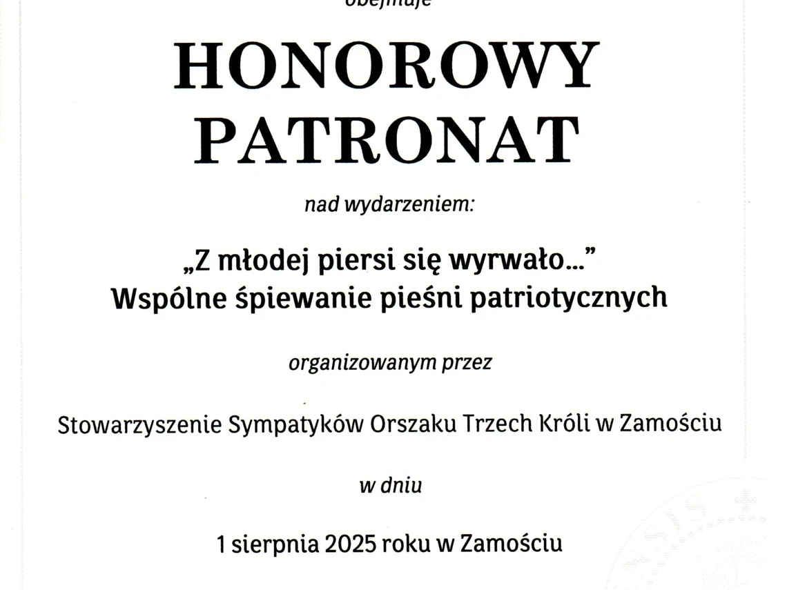 Marszałek Województwa Lubelskiego objął Honorowym Patronatem wydarzenie w dniu 1 sierpnia 2025 r.