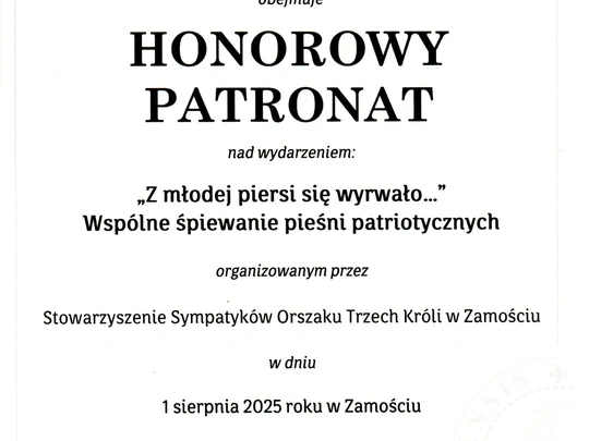 Marszałek Województwa Lubelskiego objął Honorowym Patronatem wydarzenie w dniu 1 sierpnia 2025 r.